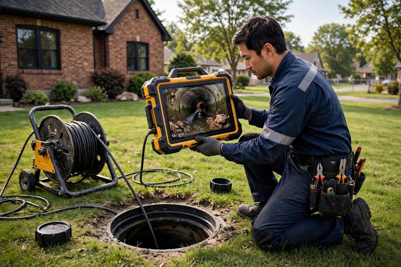 Plumber viewing live sewer camera footage at a residential cleanout