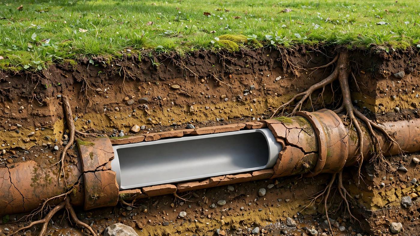 Cutaway view showing a seamless CIPP liner forming a new pipe inside an old cracked clay sewer line