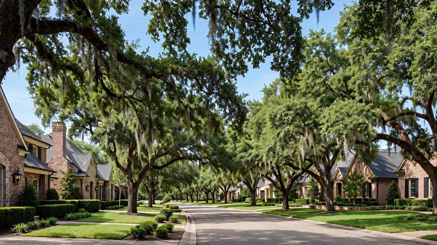 Tree-lined suburban street in Grapevine, Texas