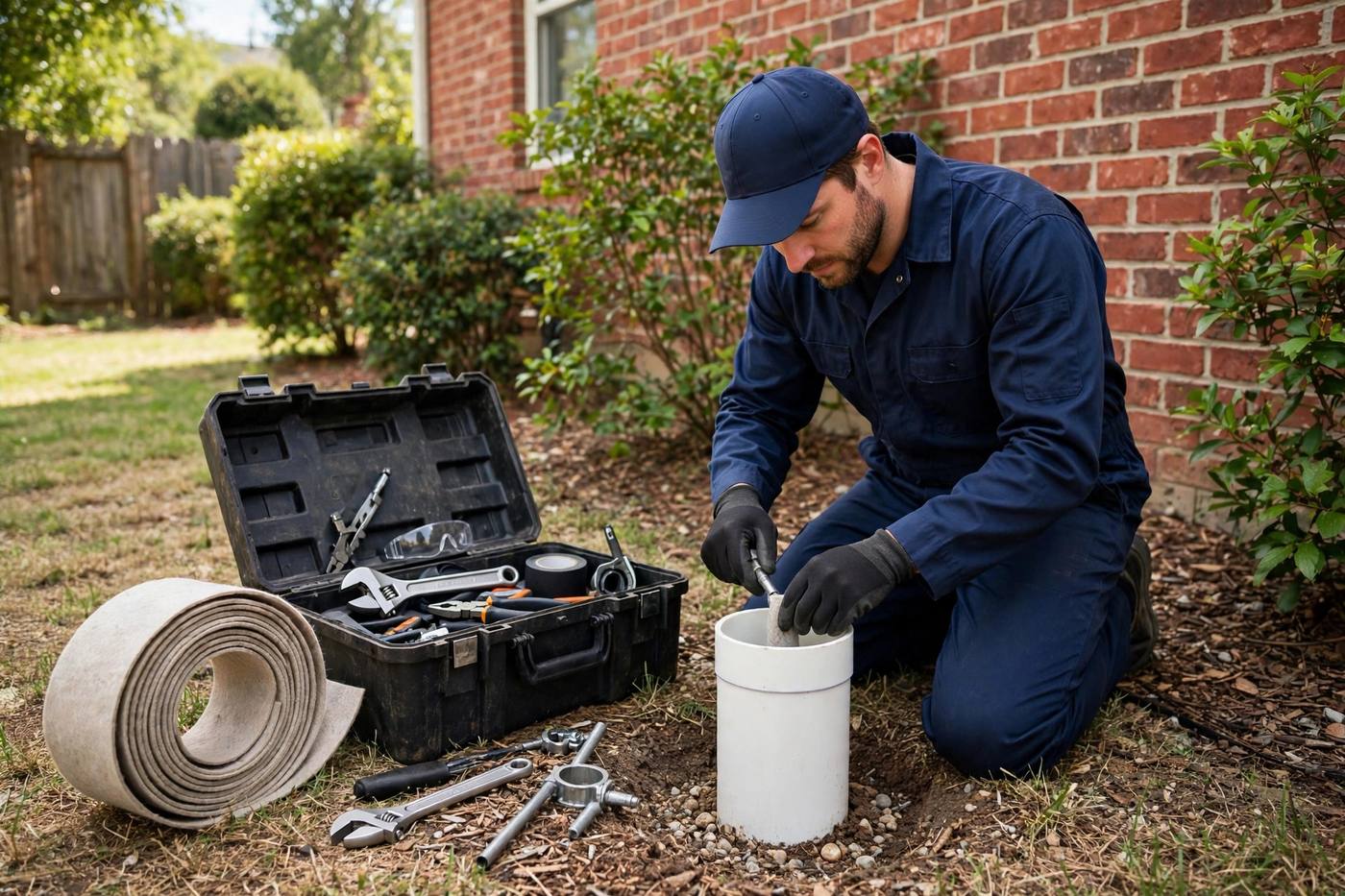 Technician preparing a sewer cleanout for trenchless repair